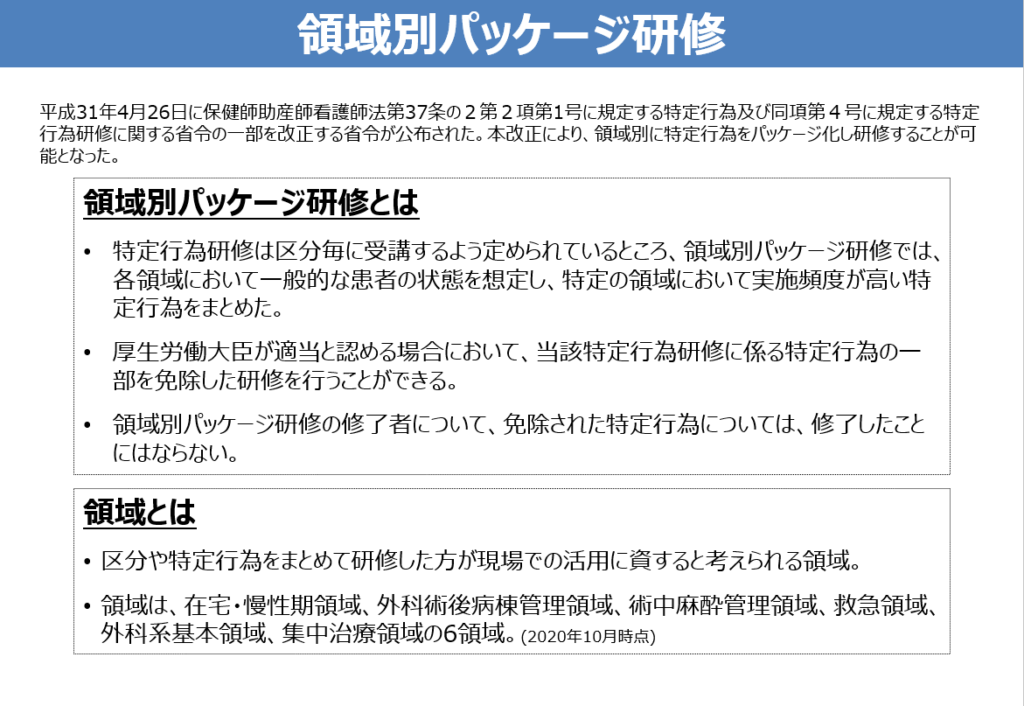 特定行為研修では、実施頻度の高い特定行為について、各領域ごとにパッケージ化して研修を行うことが可能